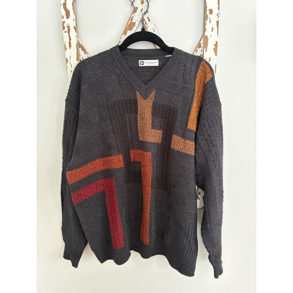 Vtg Bachrach men's sweater 3 D geometric pattern v-neck size large